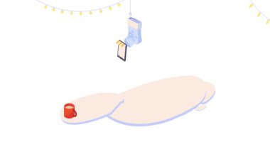 Tatil indirimi. Noel ağacı, hediye kutuları ve akıllı telefonun yanında alışveriş uygulaması olan kar taneleri olan afişler. Mutlu yıllar ve mutlu Noeller. Isometric 3D grafik çizgi film