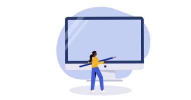 Zaman yönetimi. Kadın girişimci ya da ofis çalışanının bilgisayar ekranının önünde durup iş mesajlarına cevap verdiği afişleri taşımak. Planlama işleri. Düz grafik çizgi film