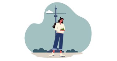 CO2 nötr dengesi. Kadınlı afiş, doğalı terazilerin, fabrikaların ve emisyonlu boruların yanında duruyor. Sıfır kirlilik ve çevresel bakım. Düz grafik çizgi film