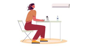 Soğutma cihazları çalışıyor. Yorgun bir ofis çalışanının klima altında oturduğu ve bilgisayardaki görevlerini yerine getirdiği afiş. Sıcak havada kurtarma. Düz grafik çizgi film