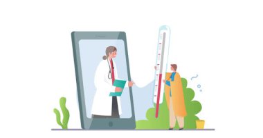 Çevrimiçi Tıp. Ateşli hasta ve grip hastasıyla afiş taşıyarak terapistle video aracılığıyla iletişim kuruyor. Sağlık ve teletıp. Hastalıkların tedavisi. Düz grafik çizgi film