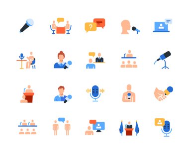 Röportajla ilgili simgeler. Canlı yayın sunucusu, gazeteci, mikrofon, ünlü ve izleyicili renkli tabelalar. Uygulama için tasarım. Düz vektör illüstrasyon koleksiyonu arkaplanda izole