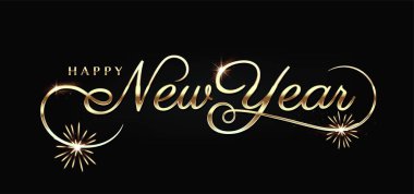 Mutlu Yeni Yıl Harfleri Afişi. Parlak altın harfli ve parlayan yıldızlı siyah tebrik kartı. Tatil kutlaması için tasarım elemanı. Koyu arkaplanda izole edilmiş gerçekçi vektör çizimi