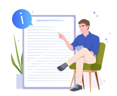 Yeşil bir sandalyede oturan bir adam büyük bir belgeyi işaret ediyor. Bilgi ikonu, düz grafik tarzı, beyaz arkaplan. Belge açıklaması kavramı. Vektör illüstrasyonu