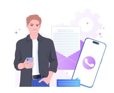 Etrafında mesajlar, e-postalar ve çağrı sembolleri taşıyan akıllı telefonu tutan genç bir adam. Düz stil, beyaz arka plan. Modern dijital iletişim kavramı. Vektör illüstrasyonu