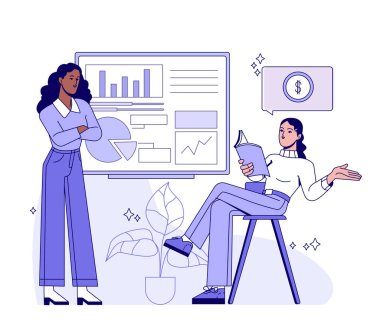 Ekranda grafik ve grafiklerle finansal verileri tartışan iki kadın, modern düz stil, kapalı alanda beyaz arka plan, iş stratejisi kavramı. Vektör illüstrasyonu