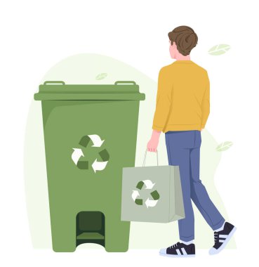 Büyük yeşil bir geri dönüşüm kutusunun yanında elinde kağıt bir torba tutan sıradan giysili bir adam, beyaz arka planda minimal düz stil. Çevre dostu davranış kavramı. Vektör illüstrasyonu