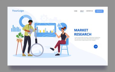 Ekranda grafikleri ve grafikleri inceleyen iki kişi büyüteçle beyaz zemin üzerinde modern düz stil. Piyasa araştırması kavramı. Vektör illüstrasyonu