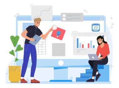 Kadın ve erkek proje görevlerinde işbirliği yapıyor, grafikleri ve grafikleri büyük bir monitörde, düz stilde, beyaz arka planda analiz ediyorlar. Takım çalışması ve verimlilik kavramı. Vektör illüstrasyonu