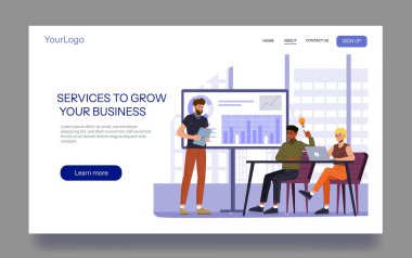 İş adamları haritaları inceliyor ve modern ofis ortamında beyin fırtınası fikirleri inceliyor. Beyaz arka planda düz stil. İş büyümesi ve takım çalışması kavramı. Vektör illüstrasyonu