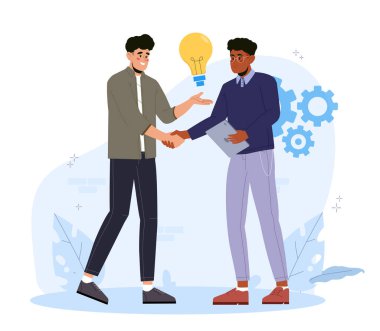 Yukarıda ampulle tokalaşan iki genç adam, yeni fikirleri ve işbirliğini simgeliyor, soyut bir arkaplanda düz bir şekilde. Vektör illüstrasyonu