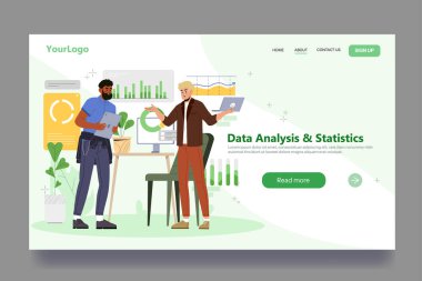 Modern düz arayüz, kapalı ofis ortamında veri analizi ve istatistikleri dijital grafik ve grafiklerle tartışan iki kişi. Vektör illüstrasyonu