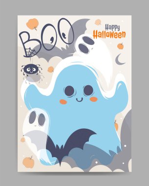 Tatlı çizgi film hayaletleri, ürkütücü yarasalar ve arka planda balkabaklarıyla Cadılar Bayramı 'nız kutlu olsun. Cadılar Bayramı için eğlenceli ve eğlenceli bir tasarım. Vektör illüstrasyonu