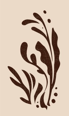 Soyut kahverengi botanik silueti, desenli grunge etkisi, bej arka planda düz grafik tarzı. Doğal sanat ve minimalizm kavramı. Vektör illüstrasyonu