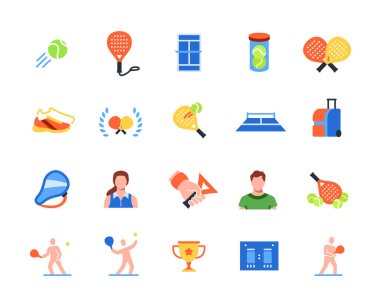 Padel tenis ikonu seti. Raket, top, maç için spor sahası, şampiyon kupa ve atletlerle renkli tabelalar. Uygulama için tasarım ögeleri. Düz vektör illüstrasyon koleksiyonu arkaplanda izole