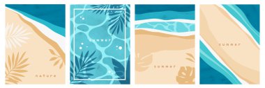 Yaz Posteri Seti. Deniz manzaralı, deniz manzaralı, okyanus manzaralı ve kumlu plajlı güzel uçucular. Dalgalı doğal tropikal manzara. Düz vektör illüstrasyon koleksiyonu arkaplanda izole