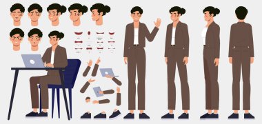Karakter oluşturucu ayarlandı. Farklı vücut pozisyonlarında takım elbiseli bir iş kadını. Kollar, bacaklar ve ofis çalışanı ifadeleri. Animasyon için dizayn. Düz vektör çizimi arkaplanda izole edildi