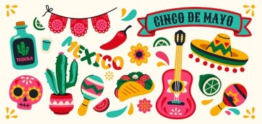 Cinco de Mayo çıkartma seti. Ölü bayram kutlaması günü. Marakas, kafatası, sombrero ve geleneksel Meksika tortillası olan ikonlar. Meksika 'daki karnaval. Düz vektör çizimi arkaplanda izole edildi