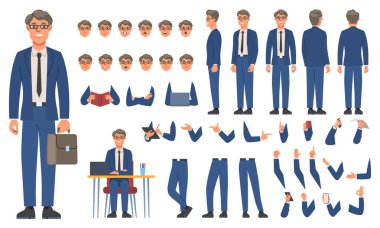 Karakter oluşturucu ayarlandı. Takım elbiseli ve farklı vücut pozisyonlarında gözlüklü mutlu bir iş adamı. Kollar, bacaklar ve ofis çalışanı ifadeleri. Düz vektör illüstrasyon koleksiyonu arkaplanda izole