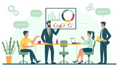 İş görüşmeleri. Ofis çalışanları ve girişimcilerin konferansta, brifingde ya da toplantıda projeyi tartıştığı bir sahne. Veri, grafik ve grafiklerin analizi. Arkaplanda düz vektör illüstrasyonu