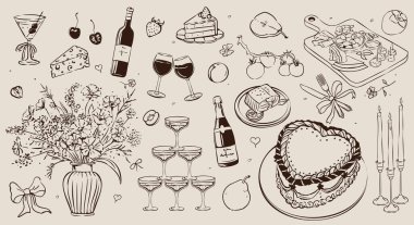 Düğün yemeği ikonları. Tebeşir stili çıkartmalar, şenlikli yemekler, pasta, bir bardak şarap ya da şampanya. Kafe menüsü için tasarım öğeleri. El çizimi vektör illüstrasyon koleksiyonu arkaplanda izole