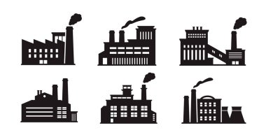 Fabrika ikonu seti. Sanayi binaları piktogramlar. Koyu renkli siluetler veya çıkartmalar. Üretim nesneleri ve bacalı kimyasal tesisler. Düz vektör illüstrasyon koleksiyonu arkaplanda izole