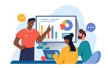 Üç iş adamı ekranda grafikleri ve pasta grafiklerini tartışıyor, düz grafik tarzı, beyaz arka plan, takım çalışması ve veri analizi kavramı. Vektör illüstrasyonu