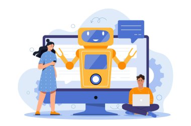 Bilgisayar ekranındaki arkadaş canlısı robot sohbet robotu telefon kullanan bir kadınla ve dizüstü bilgisayarı olan beyaz arka planlı bir adamla etkileşime geçiyor. Yapay zeka desteği kavramı. Vektör illüstrasyonu