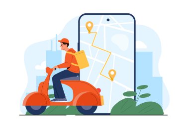 Bir teslimatçı, haritasını ve güzergahını gösteren akıllı telefonun önünde sarı bir sırt çantasıyla scooter sürüyor. Beyaz şehir arka planında düz çizgi film tarzı. GPS teslimatı kavramı. Vektör illüstrasyonu