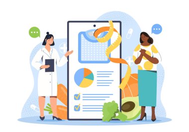 Kadın doktor, geniş tablet tabletli bir hastaya danışarak soyut arka planda meyve ve sebzelerle çevrili diyet tabloları gösteriyor. Diyet planlama kavramı. Vektör illüstrasyonu
