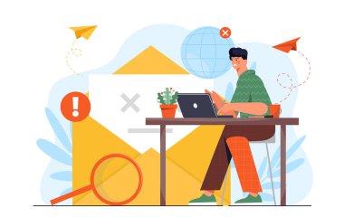 Bilgisayarda e-posta hatası alan adam, büyük bir zarf simgesiyle masada oturuyor, büyüteç ve uyarı işaretleri, beyaz arka planda düz stil. İletişim sorunu kavramı. Vektör illüstrasyonu