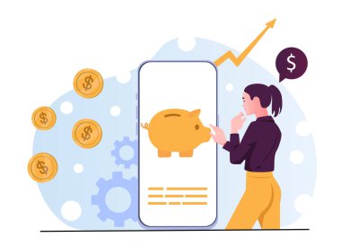 Akıllı telefonuyla etkileşime giren bir kadın domuz kumbarası ve dolar paralarını gösteriyor, düz grafik tarzı, soyut ışık arkaplanı dişli ve noktalı, dijital finans kavramı. Vektör illüstrasyonu