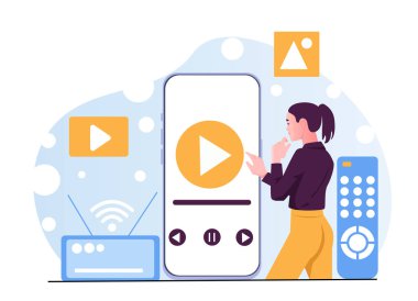 Bir kadın soyut mavi arkaplanda medya ve teknik simgelerle çevrili video oynatıcı arayüzü ile büyük akıllı telefon ekranına dokunuyor. Dijital akım kavramı. Vektör illüstrasyonu