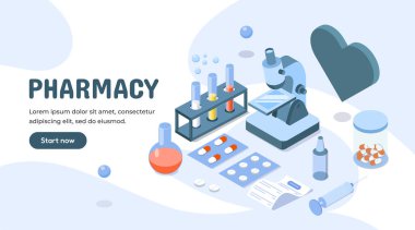 Laboratuvar vitrinleri, haplar, şırınga ve mikroskop yumuşak mavi arka planlı bir eczane ortamında, ilaç araştırmaları ve sağlık hizmetlerini temsil ediyor. Vektör illüstrasyonu