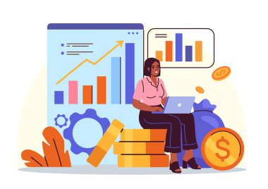 Dizüstü bilgisayarda çalışan bir kadın. Etrafı bozuk paralarla, bar çizelgeleriyle ve grafiklerle çevrili. Beyaz arka planda düz bir şekilde. Finans, gelir ve iş büyümesi kavramı. Vektör illüstrasyonu