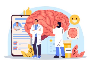 İnsan beynini dijital aletlerle ve sağlık verileriyle beyaz arka planda modern düz bir tarzda inceleyen tıp uzmanları. Nöroloji ve tanı bilimi kavramı. Vektör illüstrasyonu