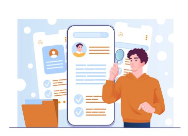 Mobil ekranlarda dijital özgeçmişleri inceleyen adam büyüteçle, düz grafik tarzıyla, soyut ışık arkaplanıyla. Çevrimiçi iş bulma kavramı. Vektör illüstrasyonu