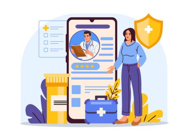 Kadın akıllı telefon ekranında dijital sağlık uygulaması ile etkileşime geçiyor çevrimiçi doktor profili, sağlık, tıp ve korunma sembolleri gösteriyor. Vektör illüstrasyonu