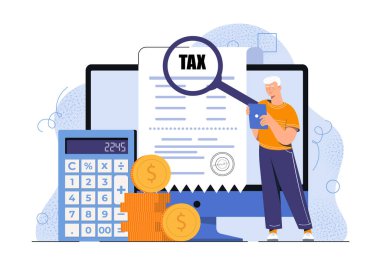 Adam vergi belgelerini büyüteçle inceliyor, madeni para ve hesap makinesinin yanında duruyor, arka planda dijital ekran, çevrimiçi mali denetim kavramı. Vektör illüstrasyonu