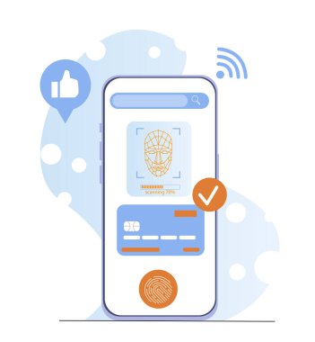 Soyut arkaplanda yüz tanıma taraması, kredi kartı ve parmak izi simgesini gösteren akıllı telefon ekranı. Güvenli mobil ödeme kavramı. Vektör illüstrasyonu