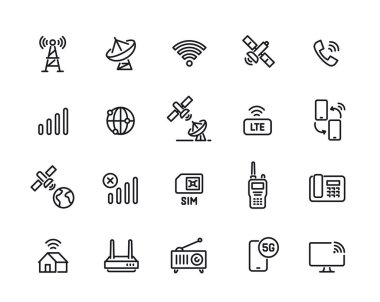 İletişimle ilgili bir çizgi simgesi. İnternet, uydu, kablosuz internet, akıllı telefon ve kablosuz ağ bağlantısı olan basit semboller. Taslak vektör illüstrasyon koleksiyonu arkaplanda izole edildi
