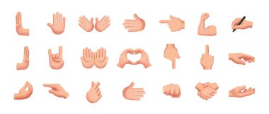 Eller Simge Ayarlandı. El sıkışma, merhaba, pazı, yumruk, kalp ve barış emojileri ve çıkartmalar. Farklı jestler. Sosyal ağlar için tasarım. Çizgi film 3 boyutlu vektör illüstrasyon koleksiyonu arkaplanda izole edildi