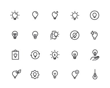 Ampul hattı simgeleri ayarlandı. Yaratıcı fikir, kavrayış, beyin fırtınası, yeşil enerji, ışık ve elektrik sembolleri. Düzenlenebilir felç. Taslak vektör illüstrasyon koleksiyonu arkaplanda izole edildi