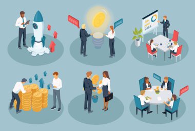 Başlatılıyor. Girişimcilerin fikir ürettiği, projeyi tartıştığı, para yatırdığı ve iş yaptığı sahneler... arka planda izole edilmiş Isometric 3D vektör illüstrasyon koleksiyonu