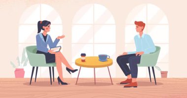 Ünlü biriyle röportaj. Kadın gazetecinin olduğu afişi, erkek ünlülerle çevrimiçi yayın ya da TV haberlerinde konuşmak. Muhabir misafirle iletişim kuruyor. Düz grafik çizgi film