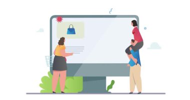 İnternetten alışveriş. Bilgisayarın önünde duran küçük karakterli afişleri taşımak, çevrimiçi mağazalarda alışveriş yapmak ve mal teslimatı yapmak. İndirim ve indirim. Düz grafik çizgi film