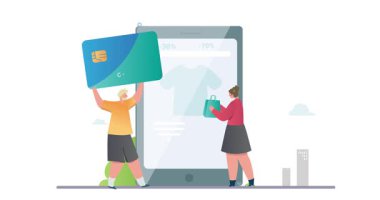 İnternetten alışveriş. Büyük indirim sırasında internet mağazasından alışveriş yapan el arabası ve banka kartı olan küçük karakterli afişler. Özel teklif ve indirimler. Düz grafik çizgi film