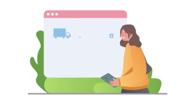 İnternetten alışveriş ve ticaret. İnternet mağazasının internet sitesini ziyaret eden gülümseyen bir kadın ve satın almak ya da sipariş vermek için sanal alışveriş arabasına ürünler eklemek. Düz grafik çizgi film