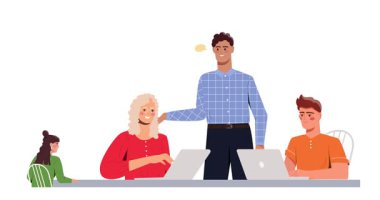 Takım çalışması ve işbirliği. Ofis çalışanları ve yöneticilerle birlikte yeni proje ve görevleri tartışan afişleri taşıyorlar. İşbirliği ve ortaklık. Düz grafik çizgi film