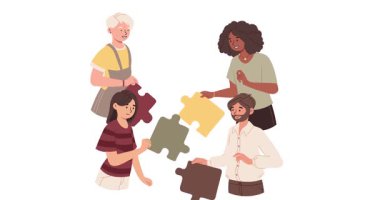 Takım çalışması ve işbirliği. Yapboz parçalarını tutan ve birbirine bağlayan ofis çalışanlarından oluşan çok ırklı bir iş ekibiyle afiş taşıyorlar. Yaratıcı fikirleri gerçekleştirmek için işbirliği. Düz grafik çizgi film